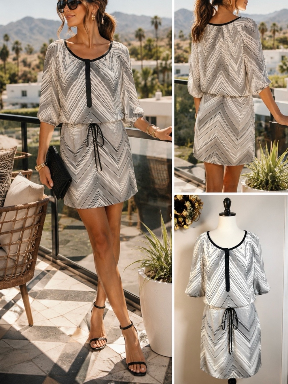 Trina Turk Silk Chevron Blouson Drawstring Waist Resort Dress Black Ivory Sz 4💛